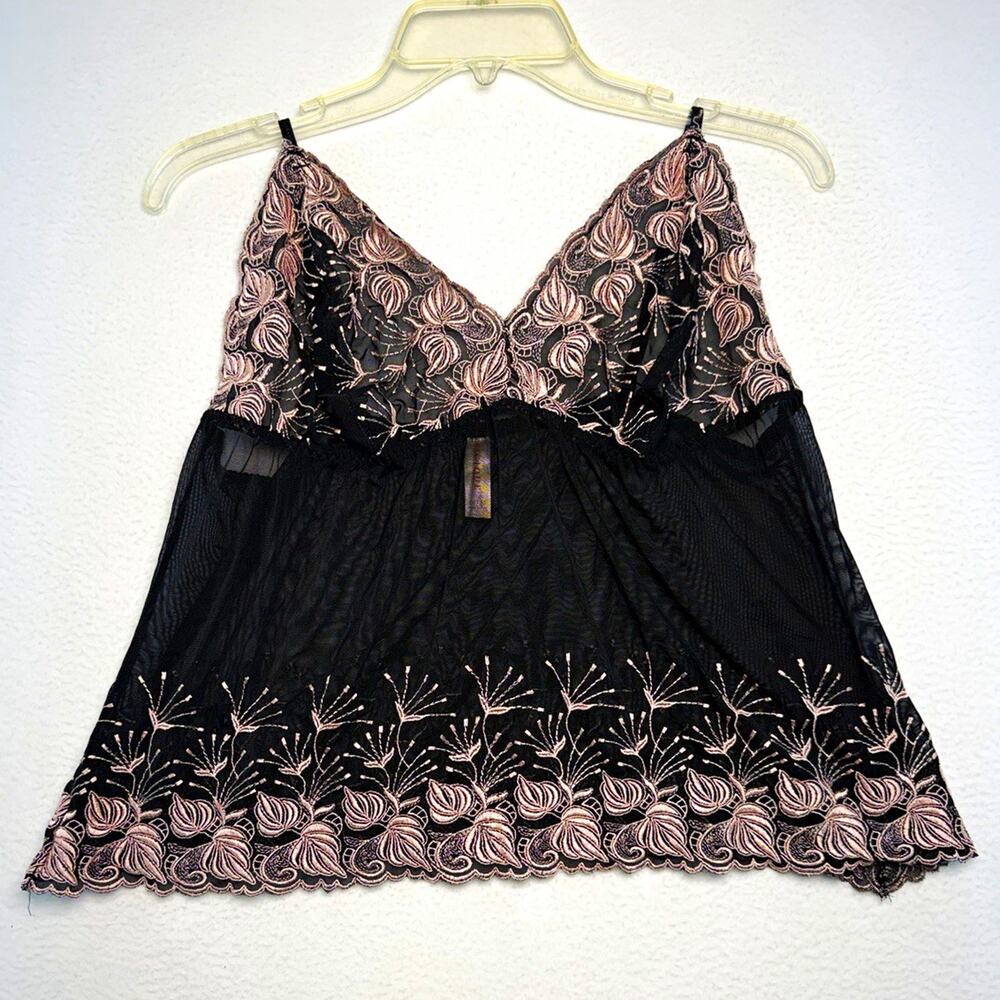 Cacique Plus 18/20 Black Pink Sheer Mesh Lace Embroidered Camisole Tank